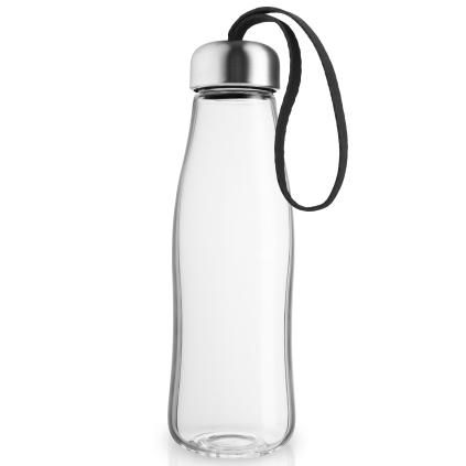 Láhev na vodu 500 ml, černý řemínek, sklo, Eva Trio