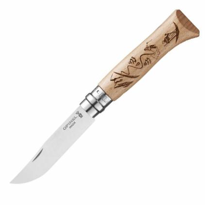 Kapesní nůž N°08 ENGRAVED SKIING 8,5 cm, bukové dřevo, Opinel