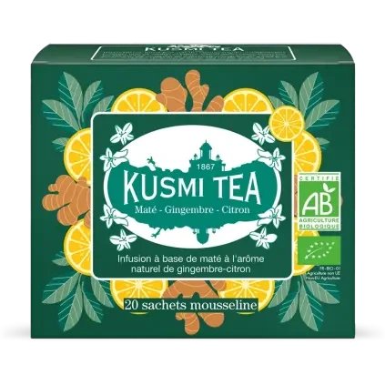 Bio maté bylinný čaj se zázvorem a citronem, 20 mušelínových sáčků, Kusmi Tea